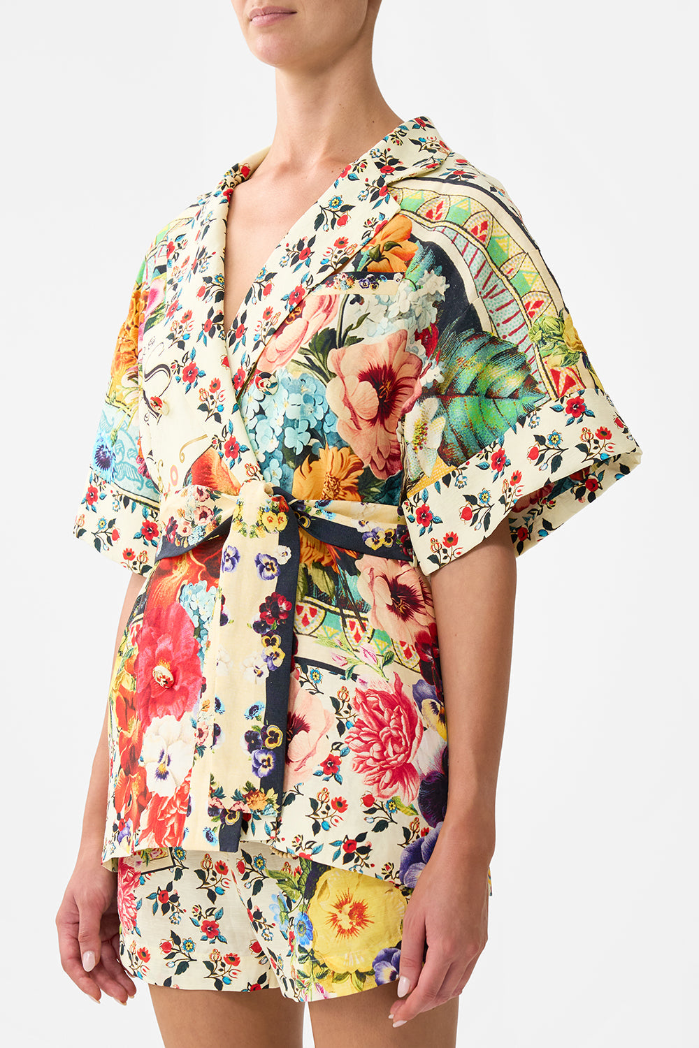The CAMILLA Double Breasted Short Sleeve Jacket in our Aromatic Amor print.