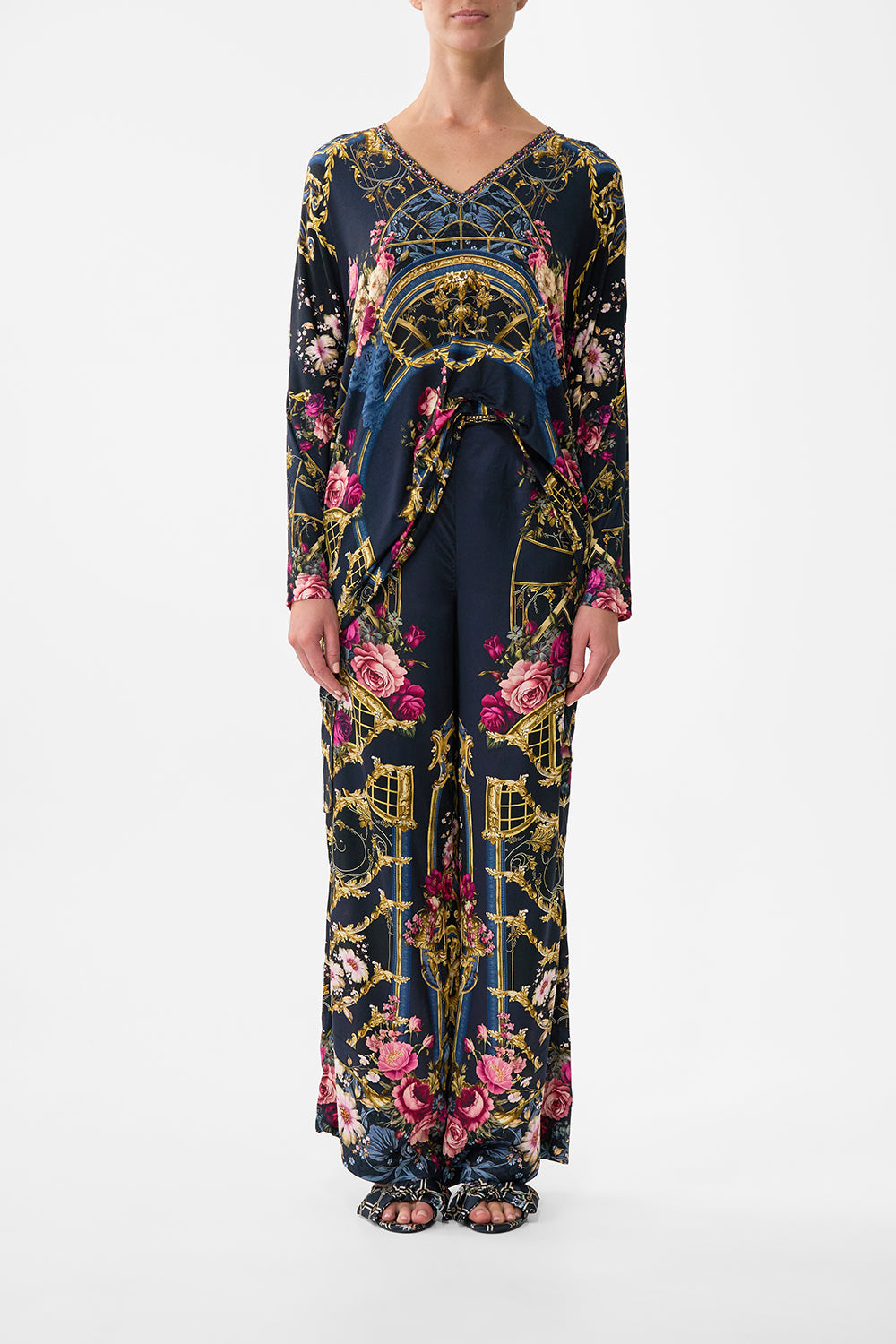 The CAMILLA Minimal Wide Leg Pant in our Ornate On A Plate print.