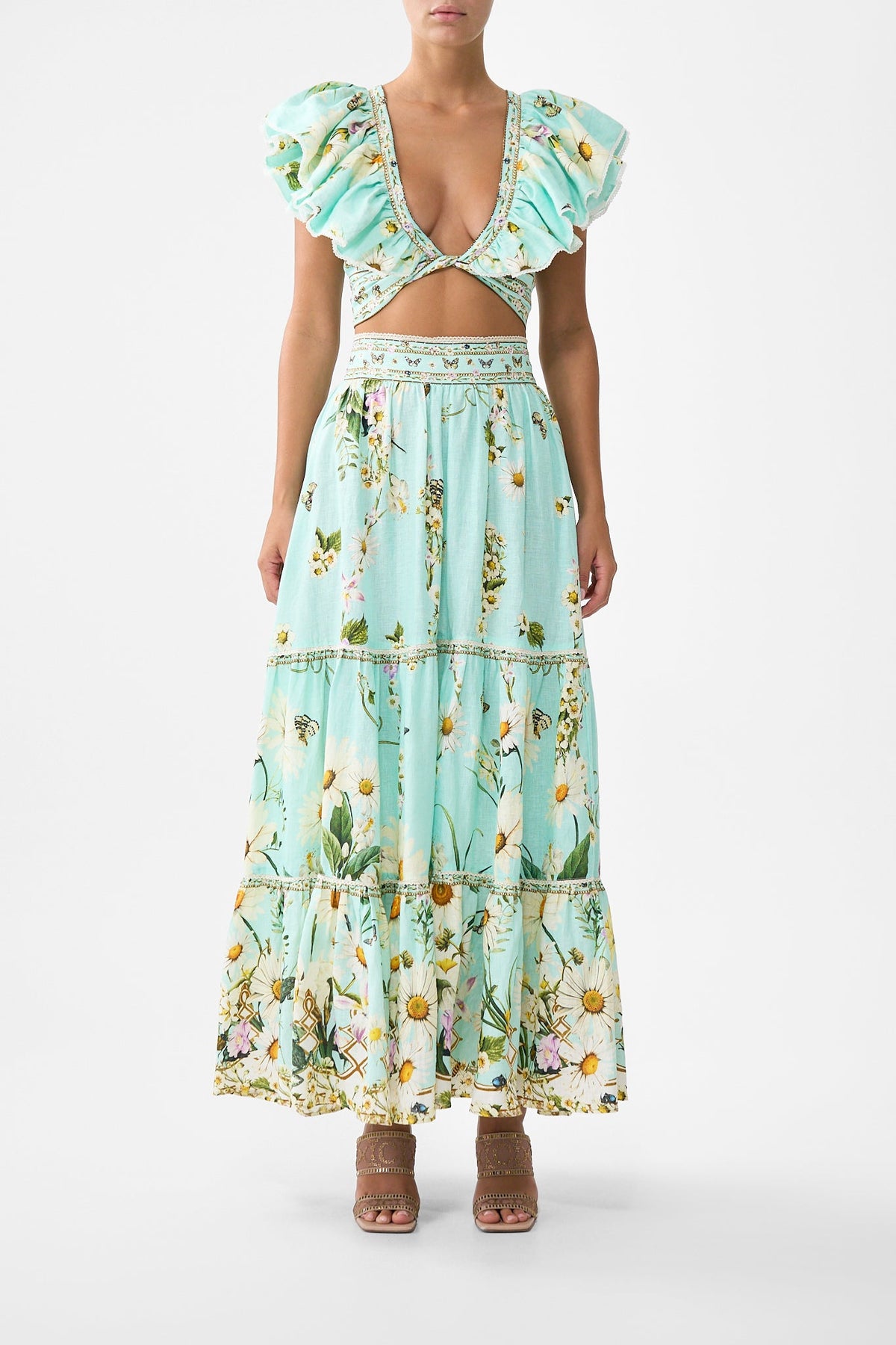 The CAMILLA Ruffle Wrap Top in our Floral Freefall print.