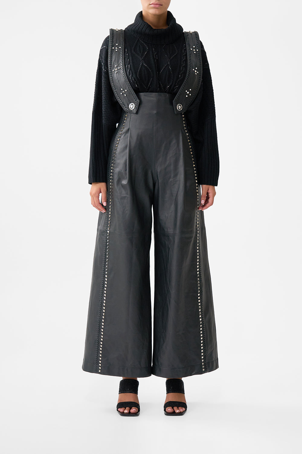 The CAMILLA Leather Pleated Wide Leg Jumpsuit in our Solid Black print.