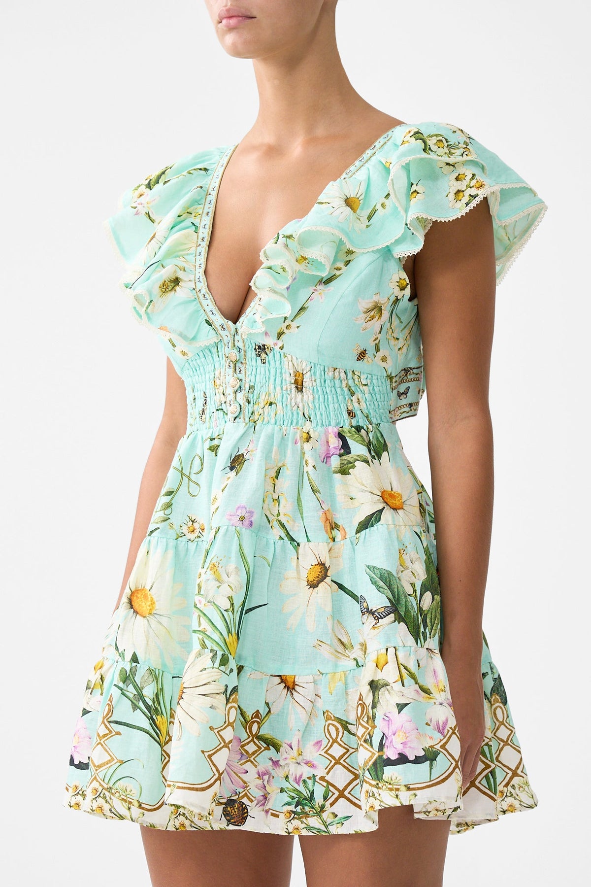 The CAMILLA Tiered Short Dress With Neck Frill in our Floral Freefall print.