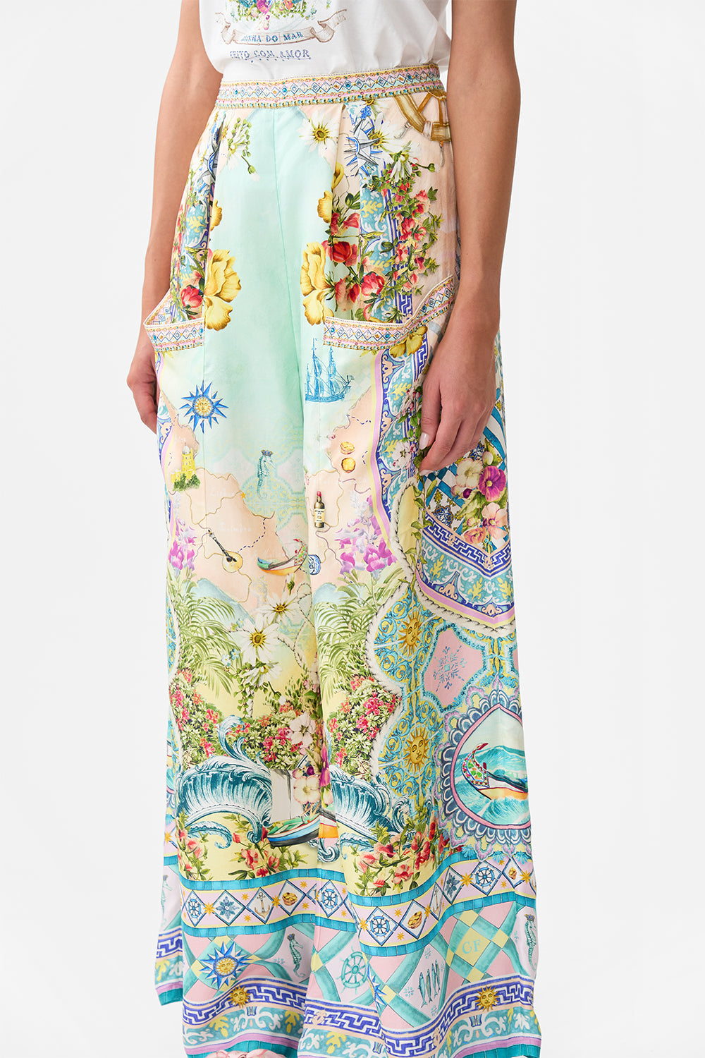 The CAMILLA Wide Leg Trouser With Front Pockets in our Just Coasting print.