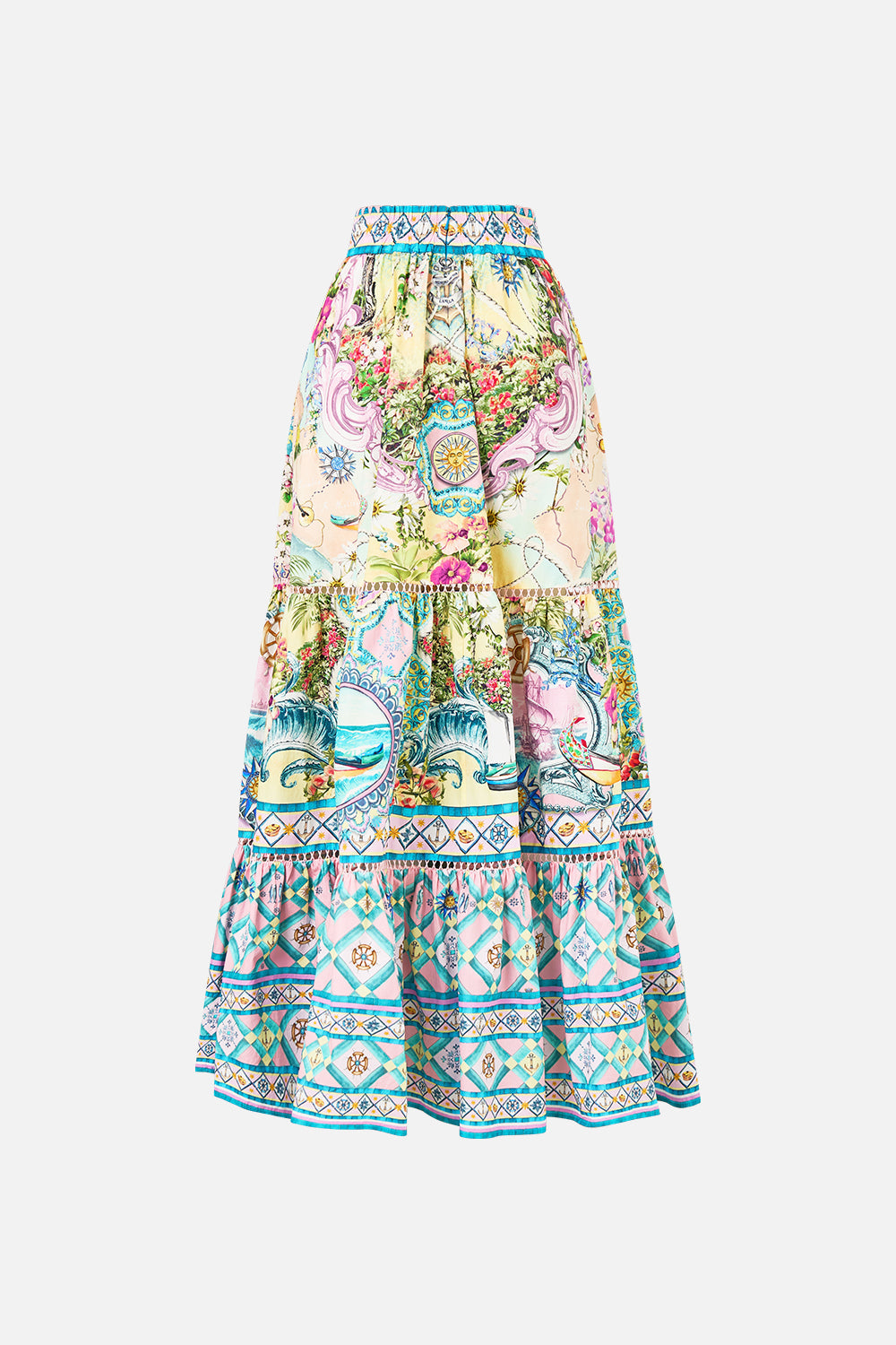 The CAMILLA High Waisted Tiered Skirt in our Just Coasting print.