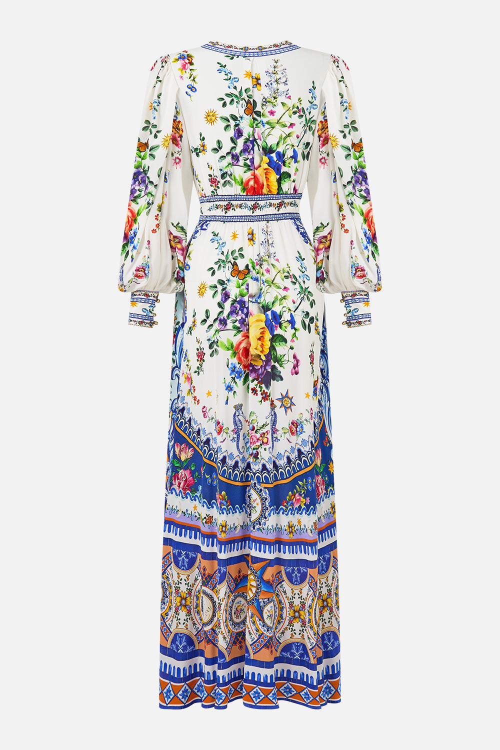 The CAMILLA Shaped Waistband Dress With Gathered Sleeves in our Tiles Darls print.