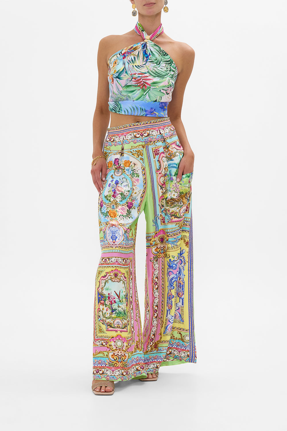 The CAMILLA Wide Leg Trouser With Front Pockets in our Spirit Of Santa Maria print.