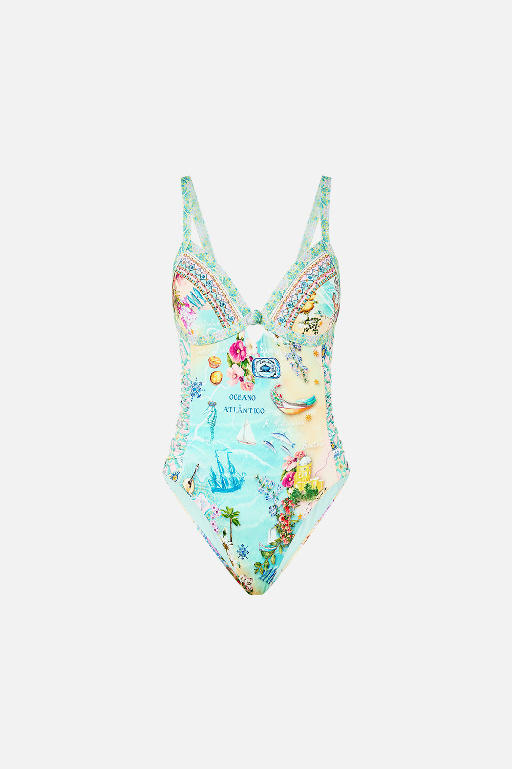 The CAMILLA Ruched Panelled Tri One Piece W Knot Front in our Just Coasting print.