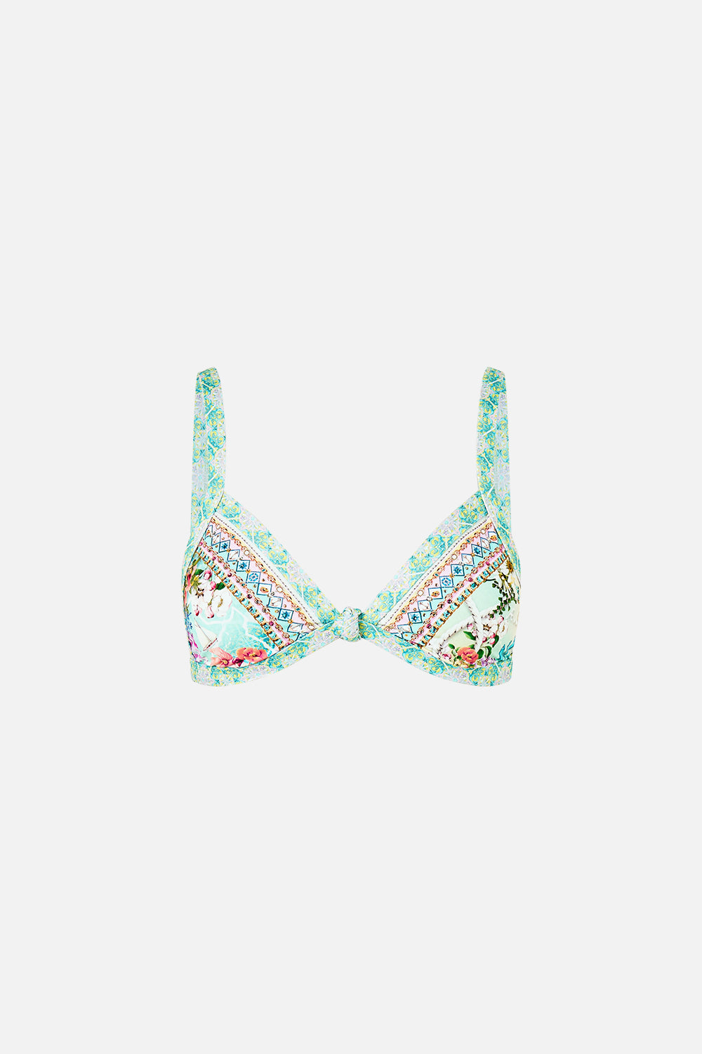 The CAMILLA Tri Bikini Top With Knot Front in our Just Coasting print.