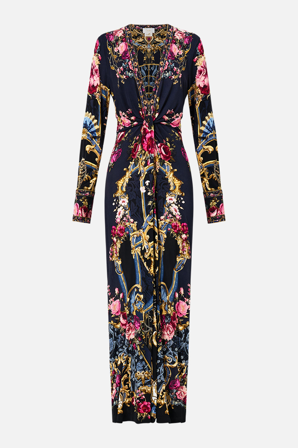 The CAMILLA Long V Neck Twist Front Jersey Dress in our Ornate On A Plate print.