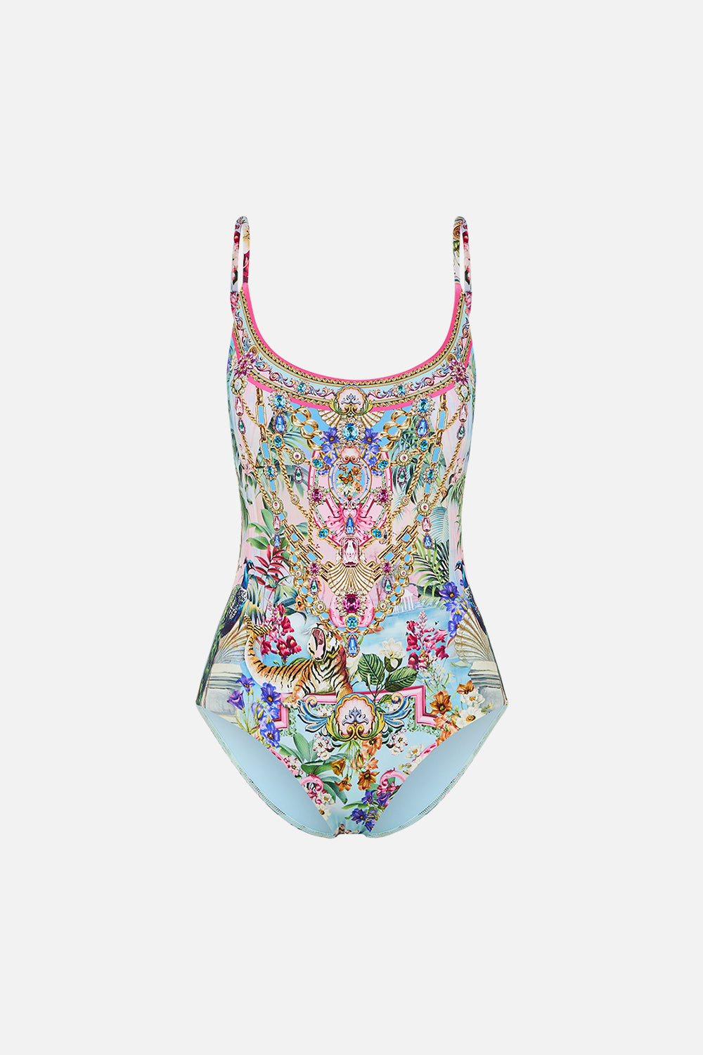 The CAMILLA Scoop Neck One Piece With Scoop Back in our Spirit Of Santa Maria print.