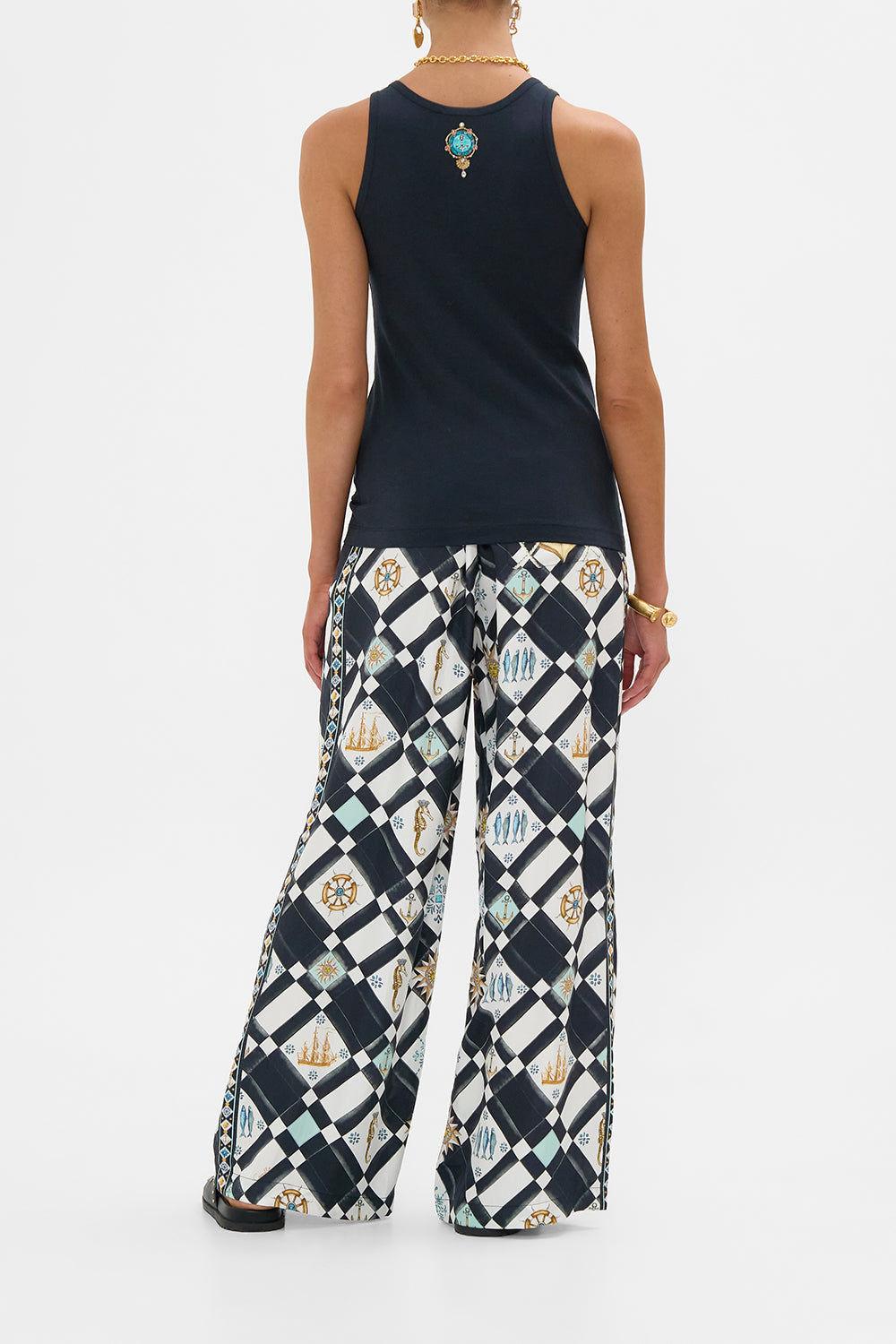 The CAMILLA Jersey Scoop Neck Tank Top in our Folk Afloat print.