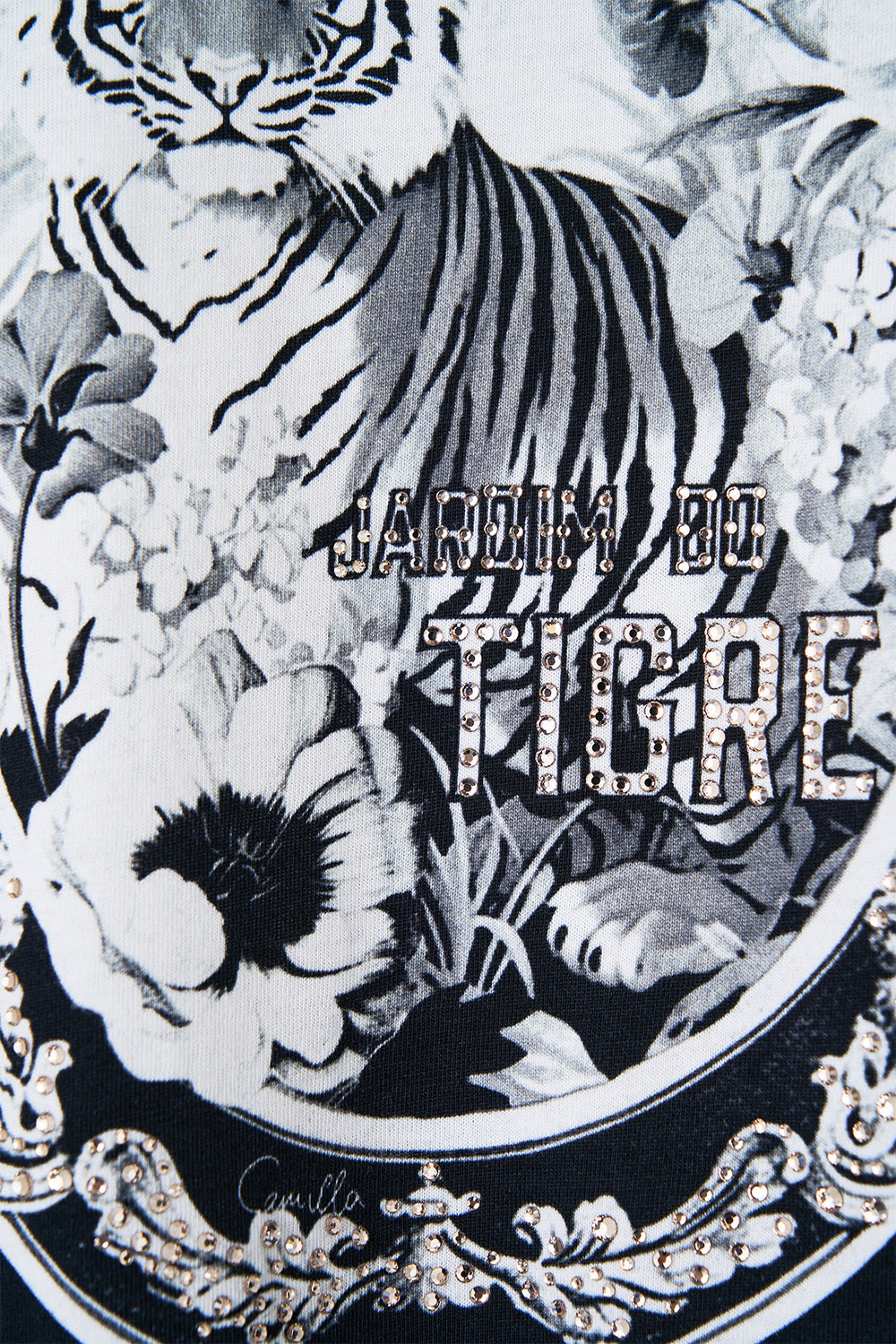 The CAMILLA Slim Fit Round Neck T-Shirt - Black in our Perfumed In Porto print.