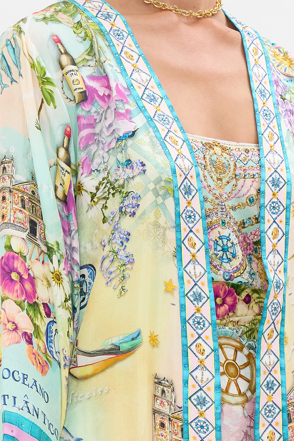 The CAMILLA Short Kimono Wrap in our Just Coasting print.