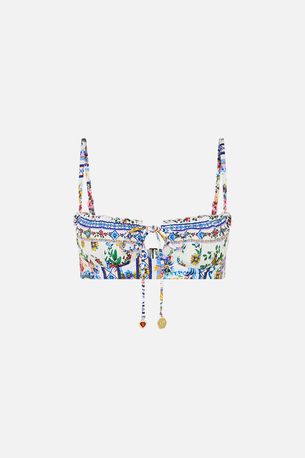 The CAMILLA Ruched Cup Underwire Bikini Top W Tie Front in our Tiles Darls print.
