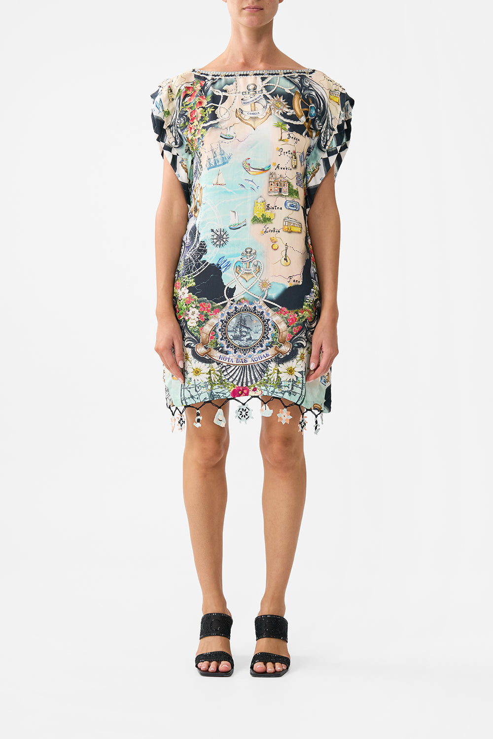 The CAMILLA Gusset Tunic Short Kaftan in our Folk Afloat print.