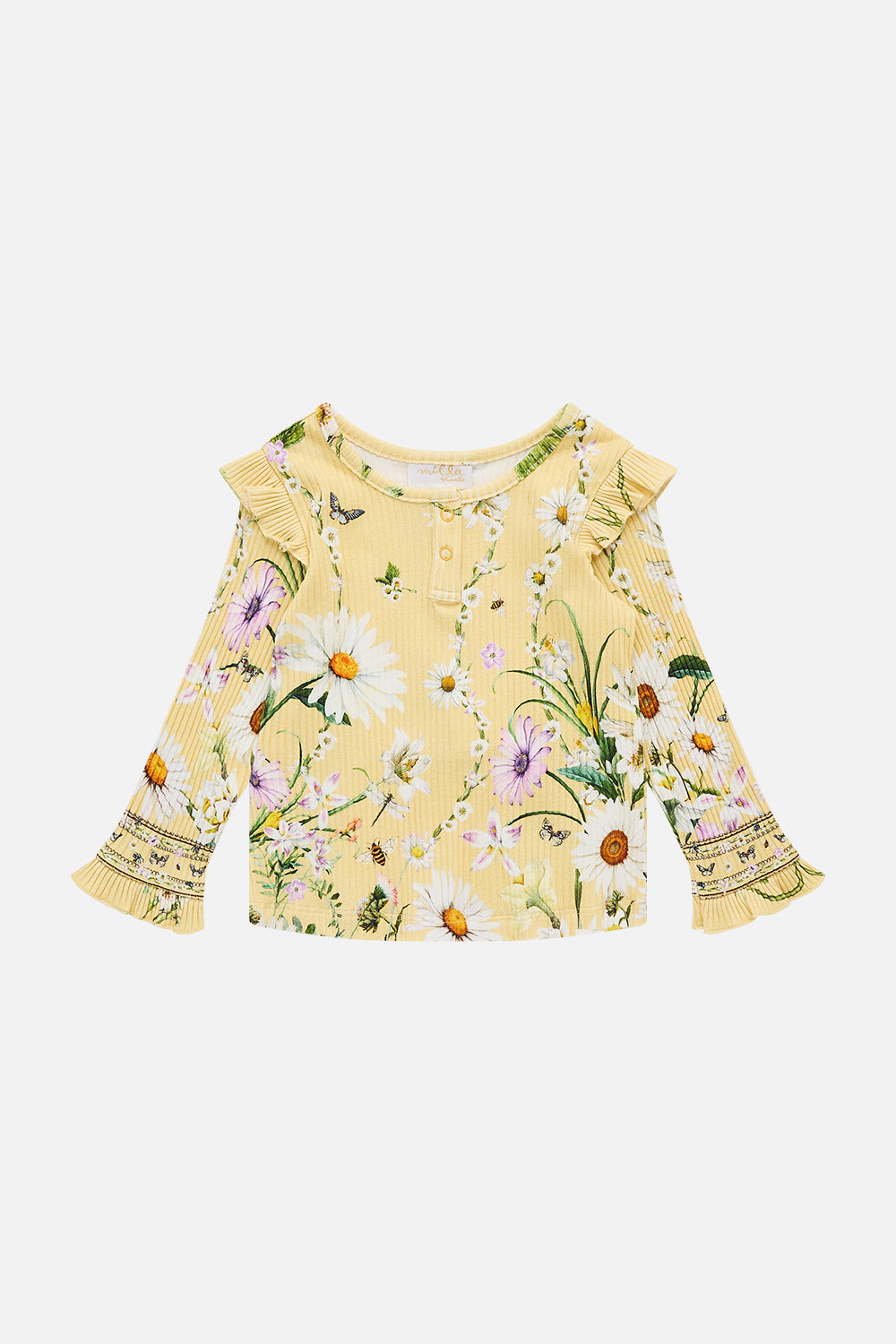 The CAMILLA Babies Long Sleeve Rib Henley W Frill Detail in our Daisy Chains print.