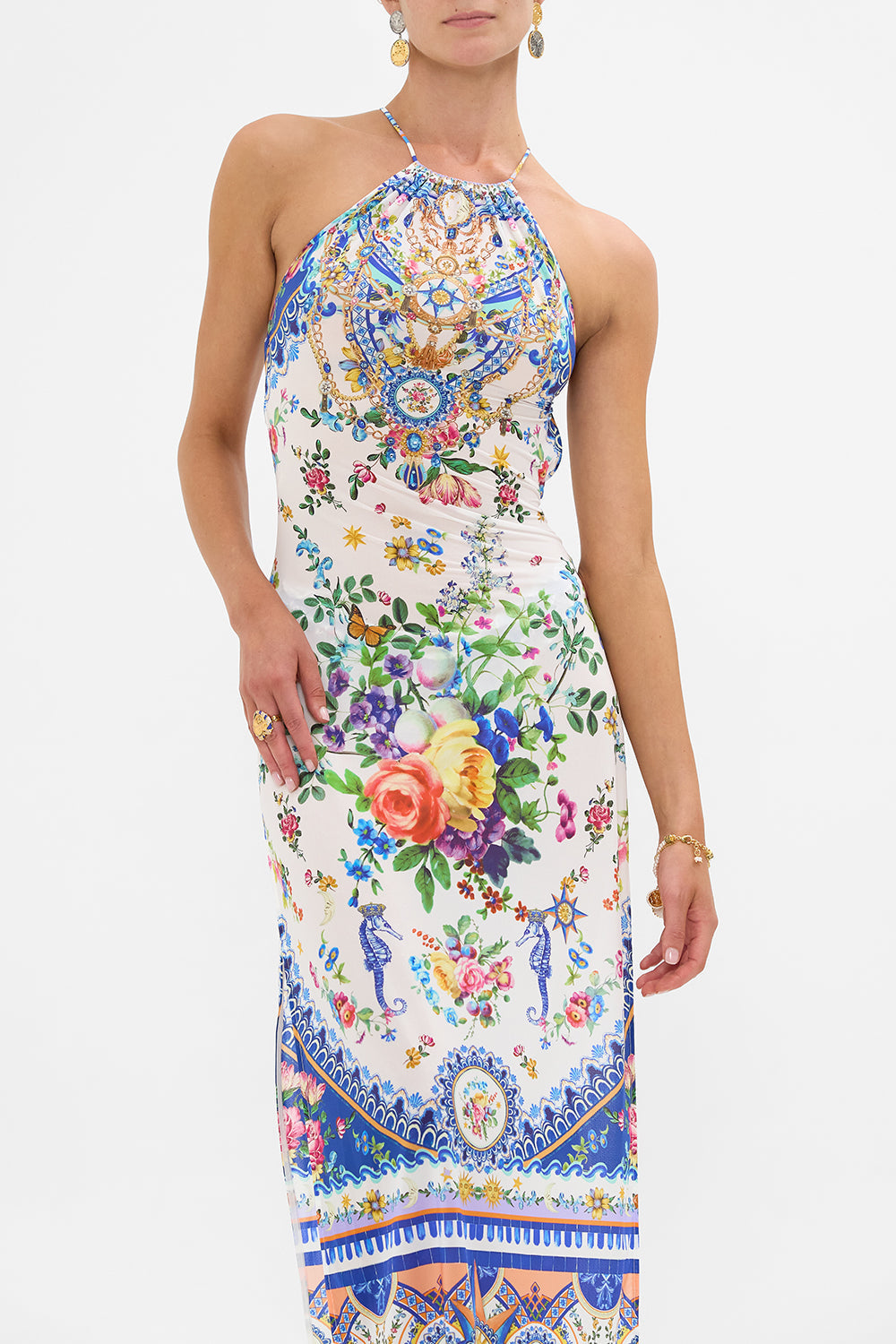 The CAMILLA High Neck Maxi Dress With Tie Back in our Tiles Darls print.
