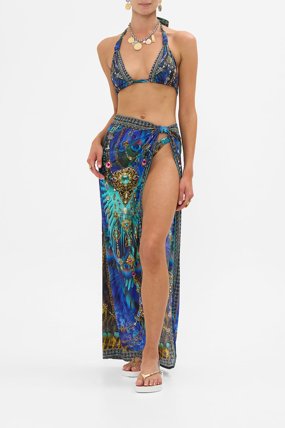 The CAMILLA Long Sarong With Gathered Tab And Leg Split in our Dominican Decadence print.