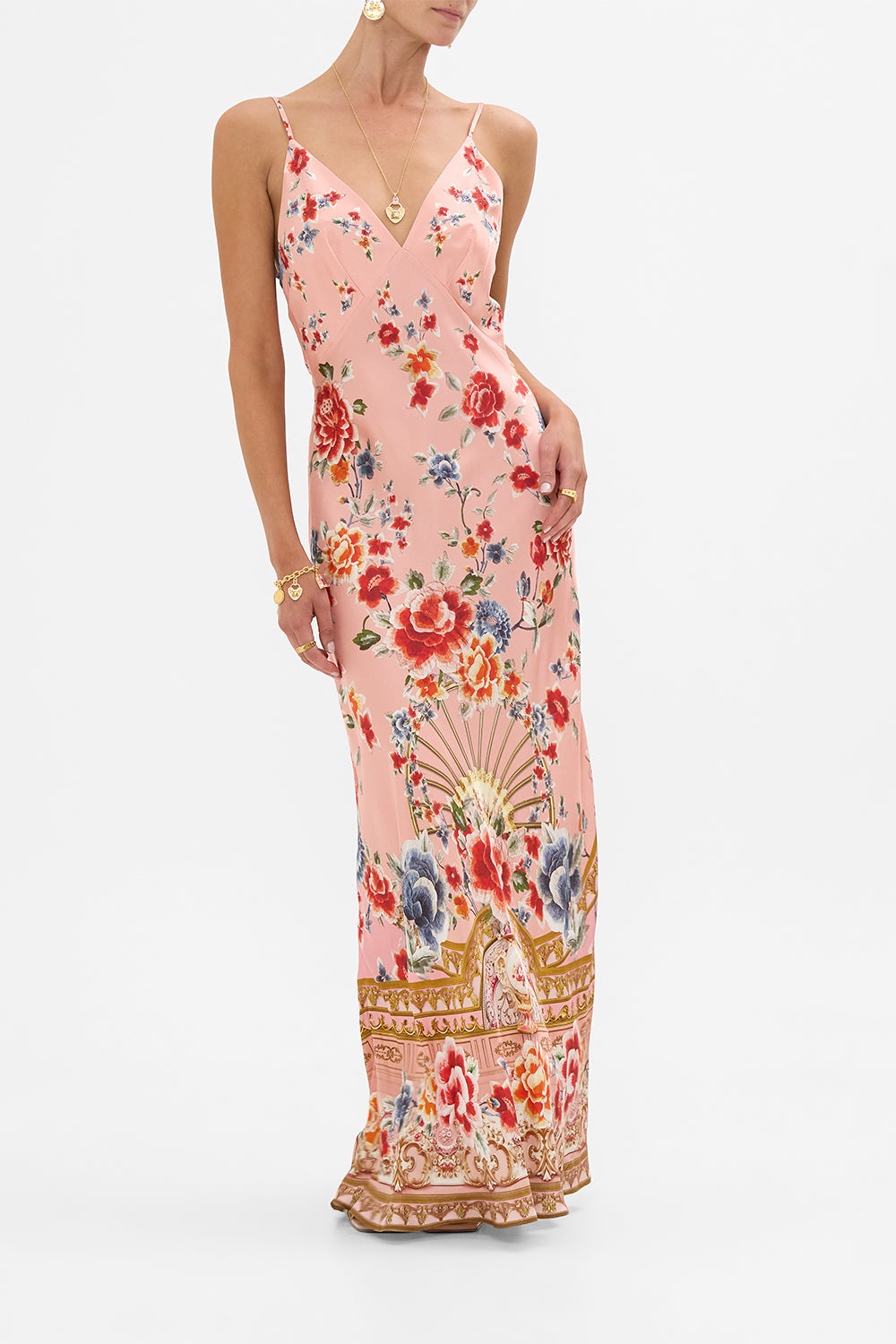 The CAMILLA V Neck Full Length Bias Slip Dress in our Majestic Milla print.