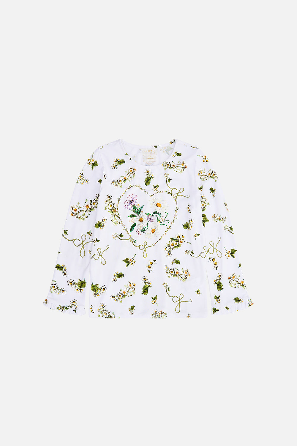 The CAMILLA Kids Long Sleeve Tee With Frill Cuff 4-10 in our Daisy Chains print.