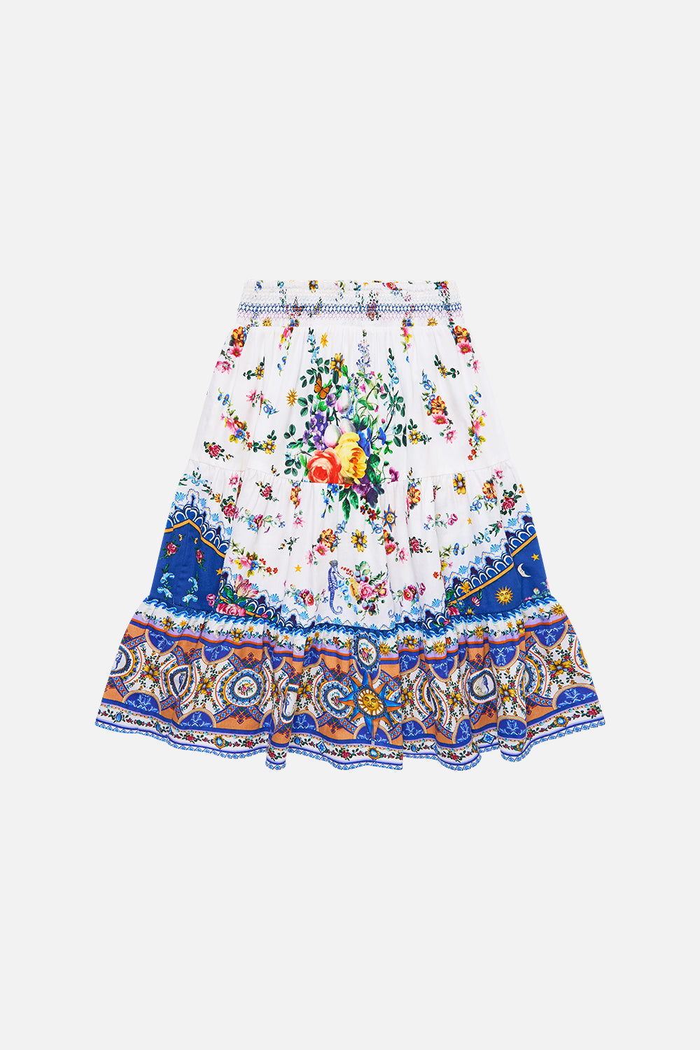 The CAMILLA Kids Convertible Shirred Maxi Skirt 4-10 in our Tiles Darls print.