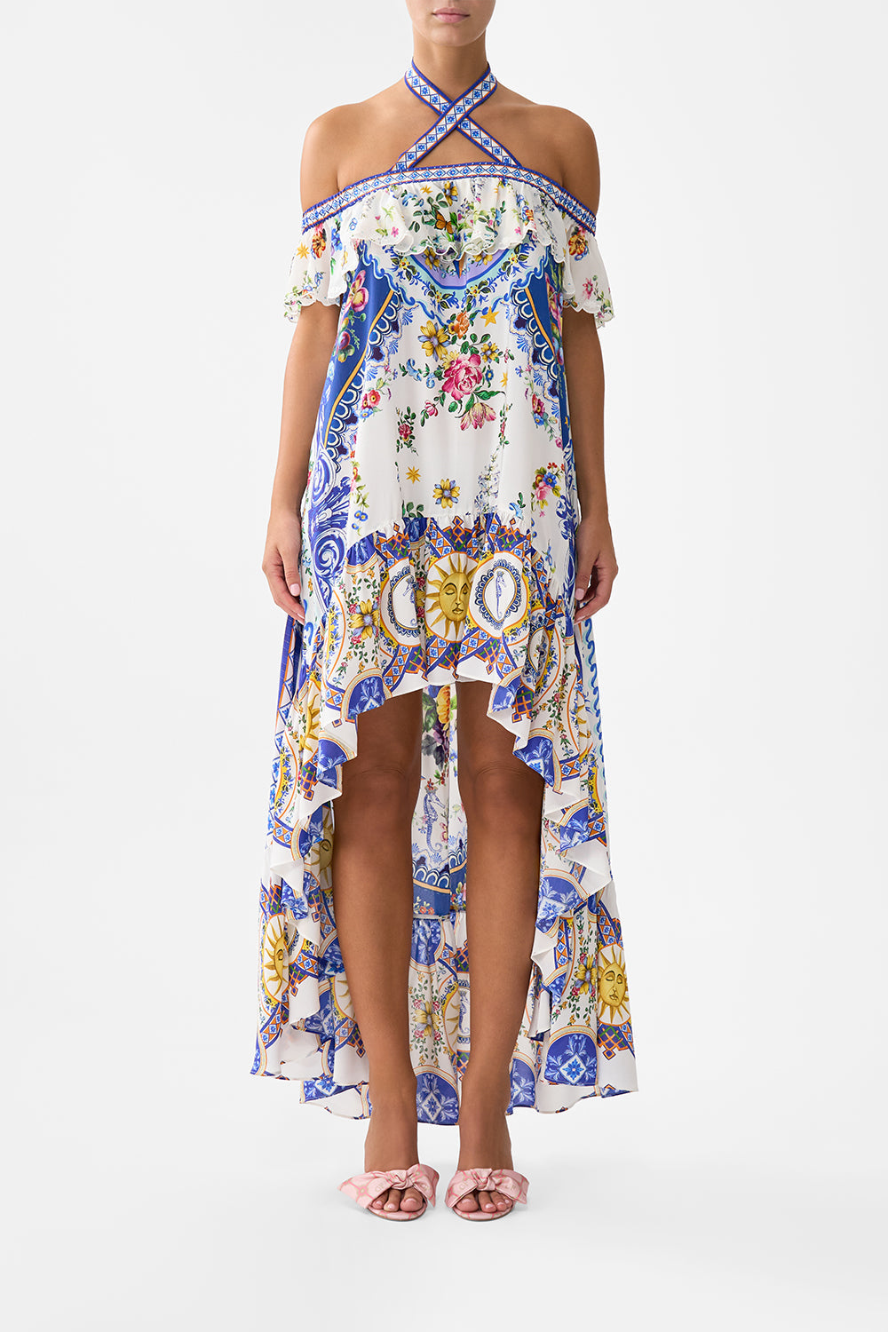 The CAMILLA Off Shoulder Shaped Hem Dress in our Tiles Darls print.