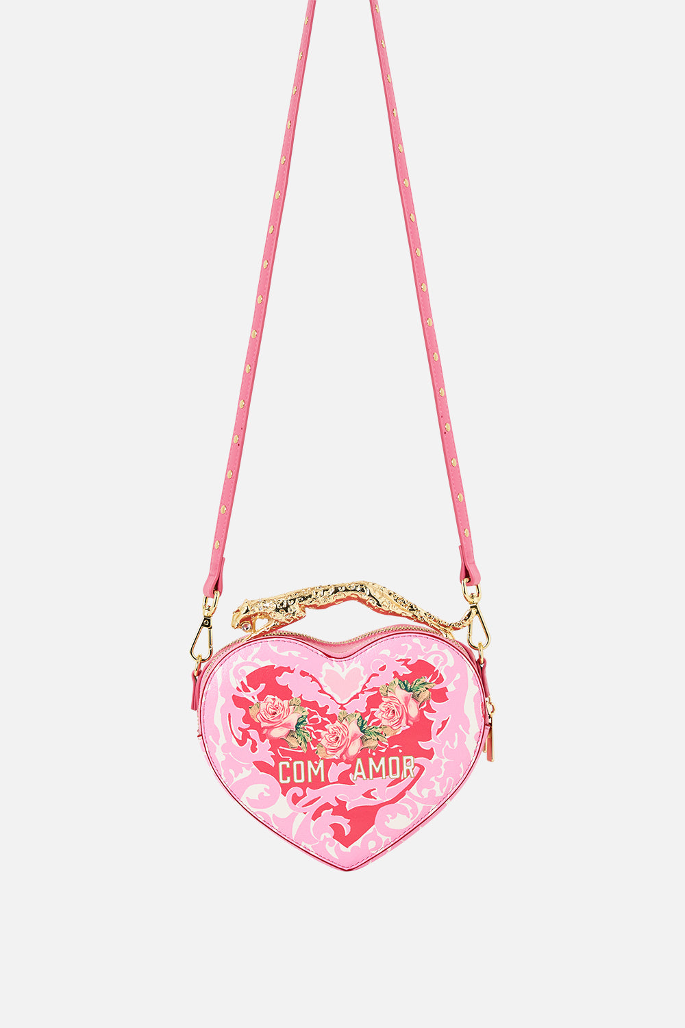 The CAMILLA Heart Crossbody With Leopard Handle in our Pink Porto print.