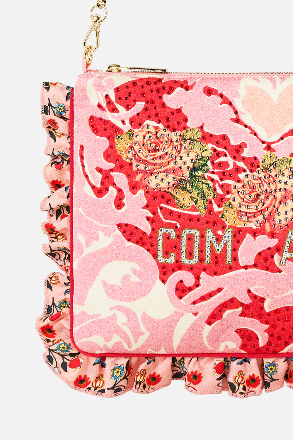 The CAMILLA Frill Edge Crossbody Bag With Chain Strap in our Pink Porto print.