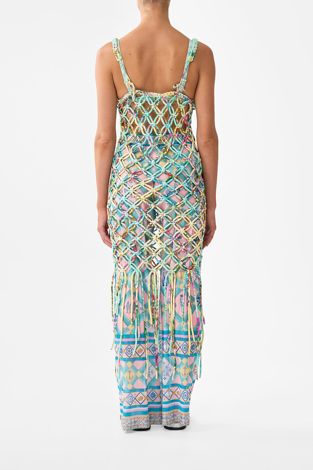 The CAMILLA Macrame Midi Dress in our Just Coasting print.