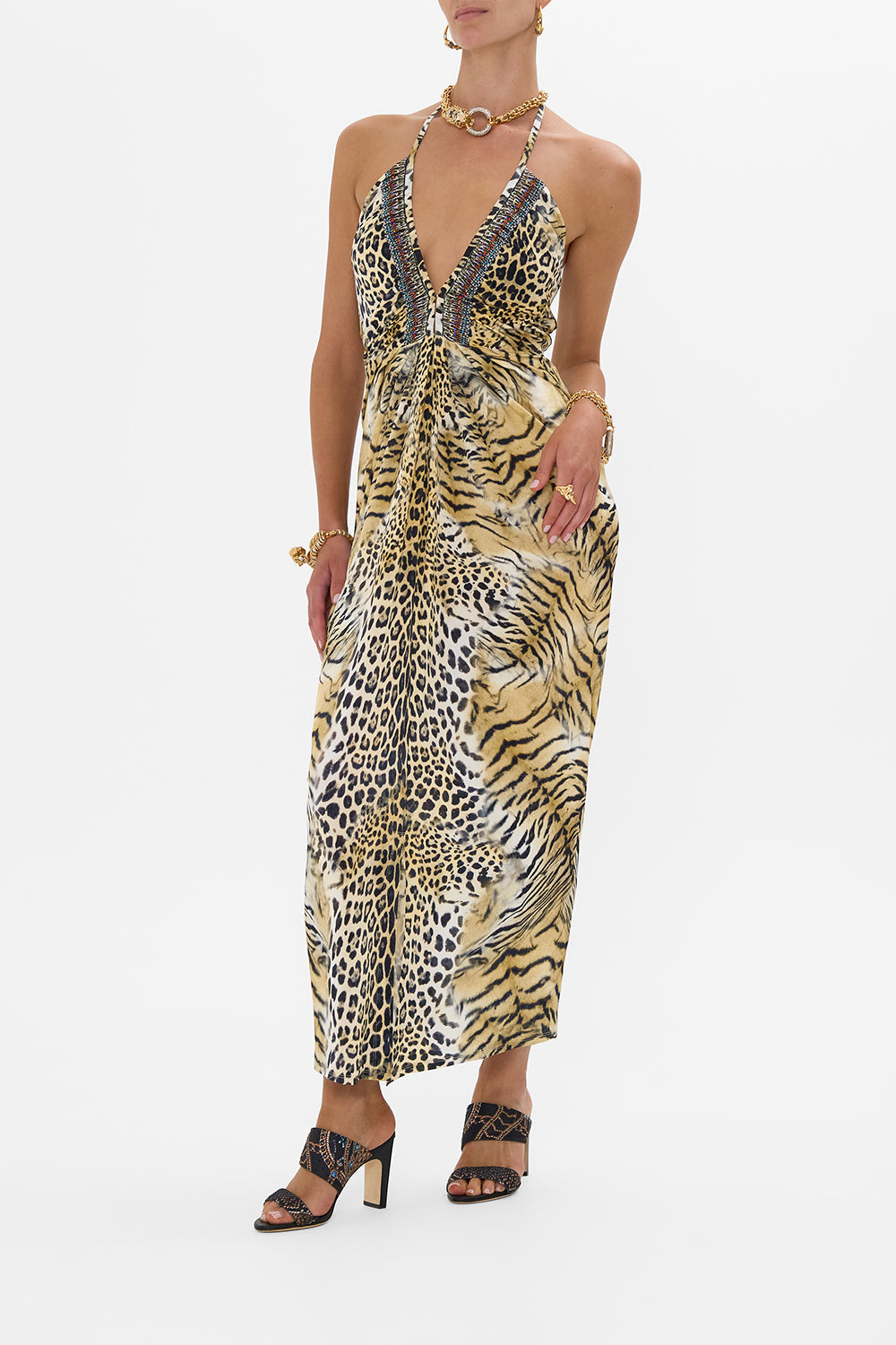 V NECK GATHERED JERSEY DRESS JAGUAR