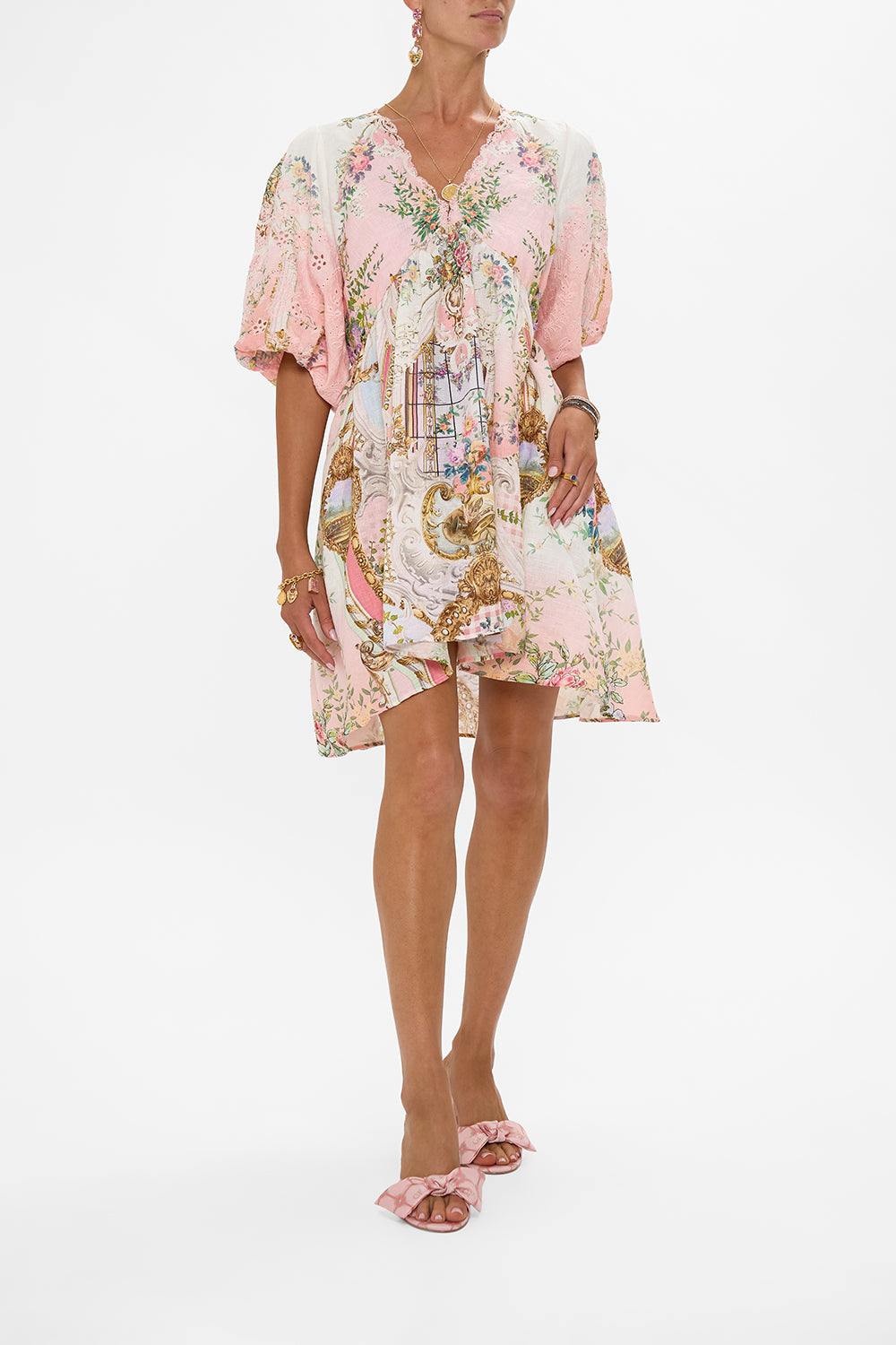 V NECK PUFF SLEEVE SHORT DRESS LISBON LULLABY