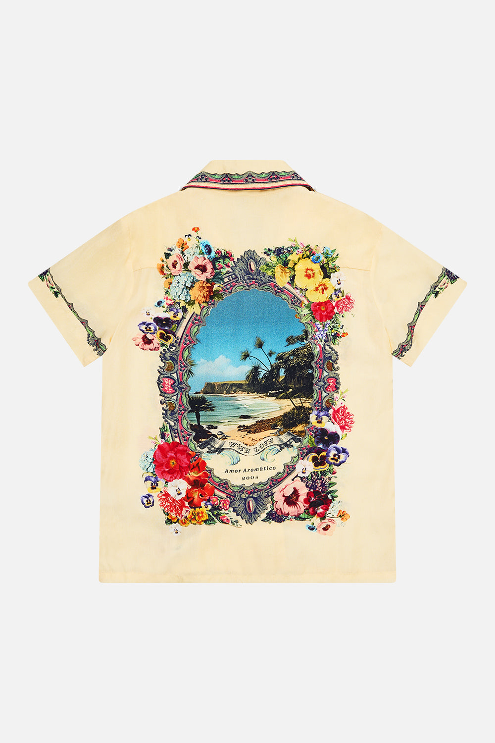 The CAMILLA Boys Short Sleeve Camp Collared Shirt 4-10 in our Bathing Bombshell print.