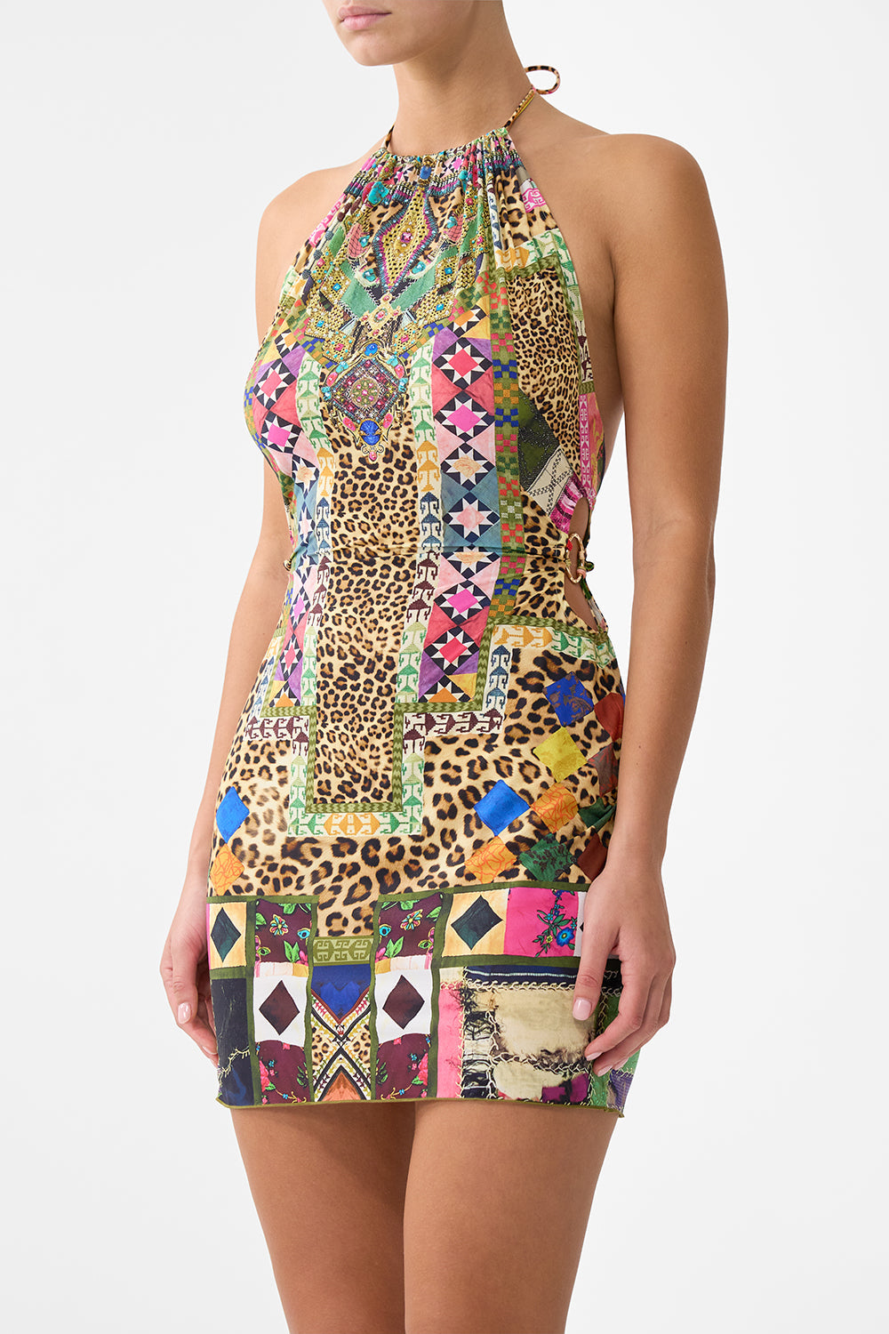 HALTER BEACH MINI DRESS W CUT OUT WAIST TRIM EMBROIDERED EVER AFTER