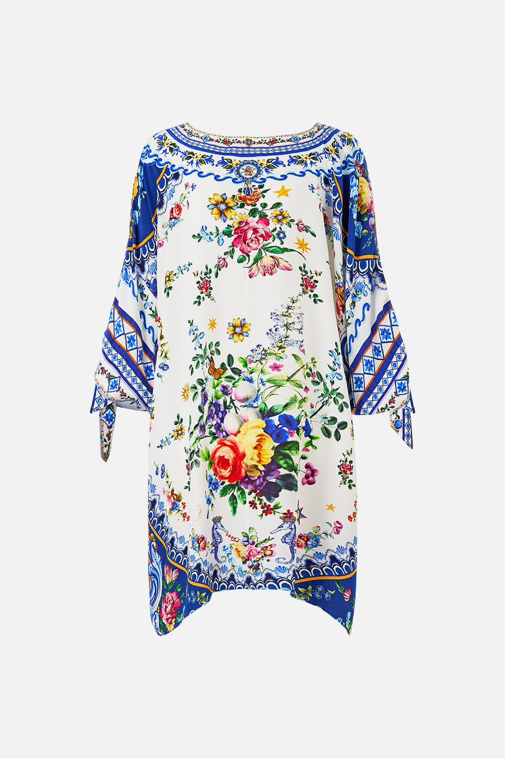 The CAMILLA Tie Sleeve Short V Neck Kaftan in our Tiles Darls print.