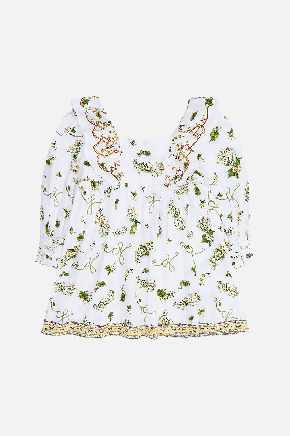 The CAMILLA Kids Long Puff Sleeve Frill Mini Dress 4-10 in our Daisy Chains print.