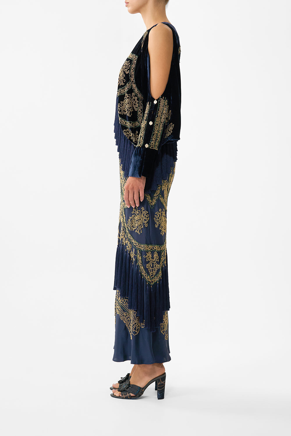 PLUNGE NECK DRAPED SHOULDER DRESS THE IMPERIAL GATE