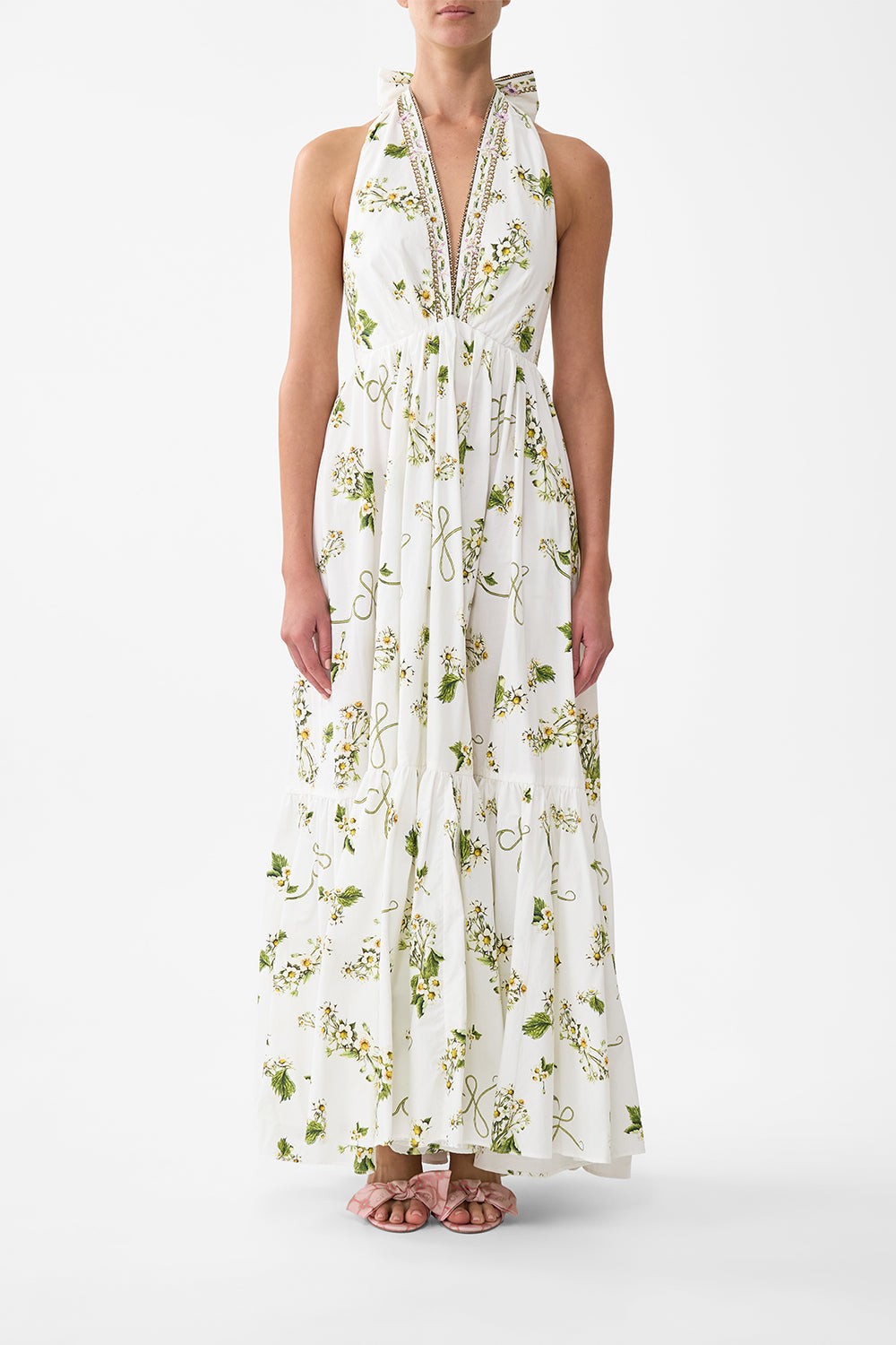 The CAMILLA Ruffle Hem Halter Dress in our Botanical Utopia print.