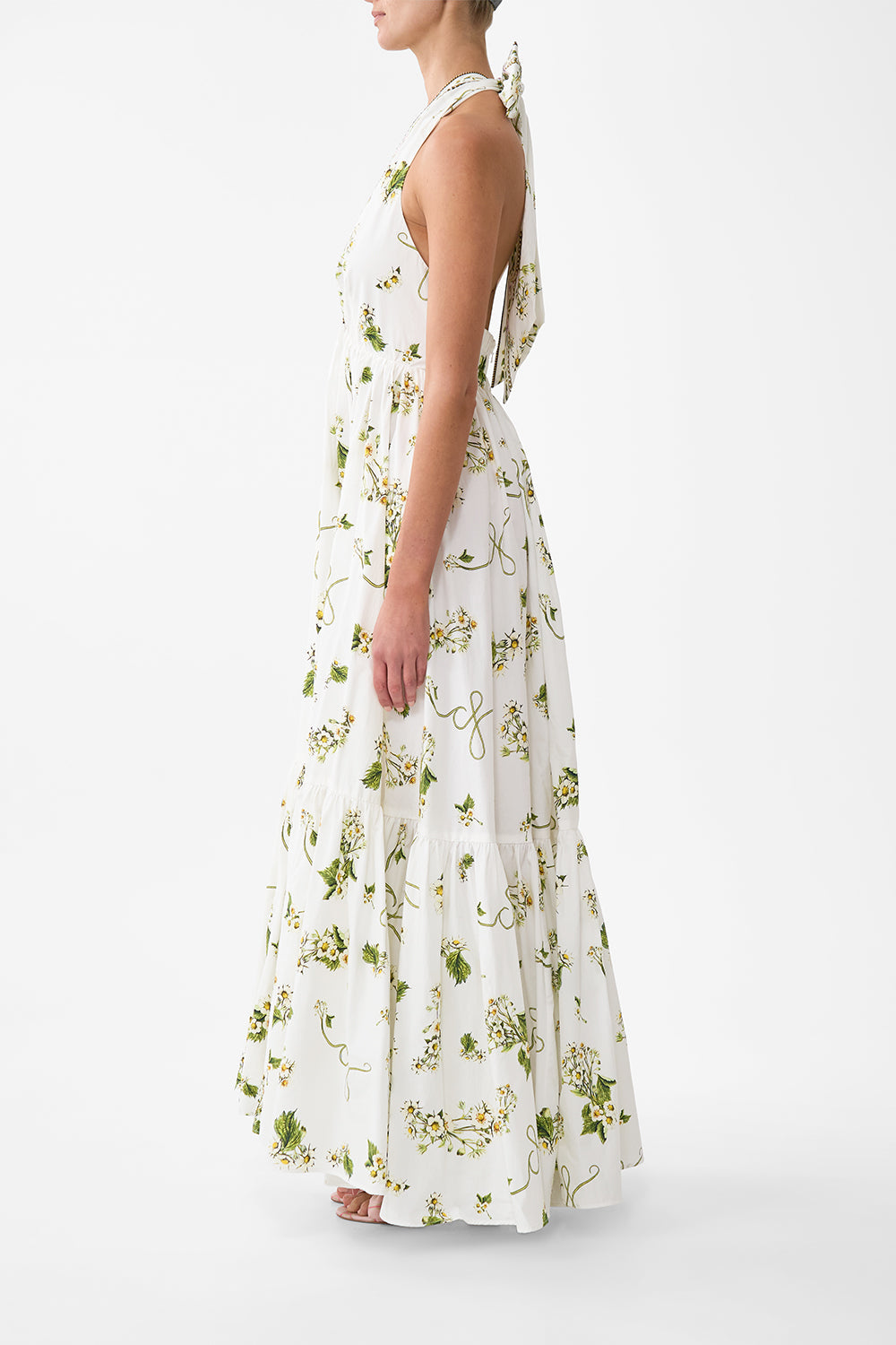 The CAMILLA Ruffle Hem Halter Dress in our Botanical Utopia print.