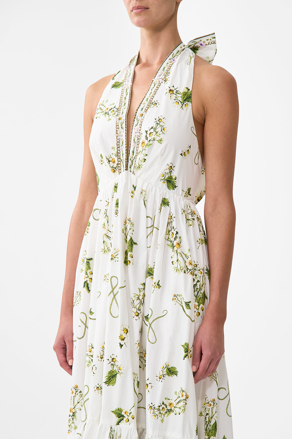 The CAMILLA Ruffle Hem Halter Dress in our Botanical Utopia print.