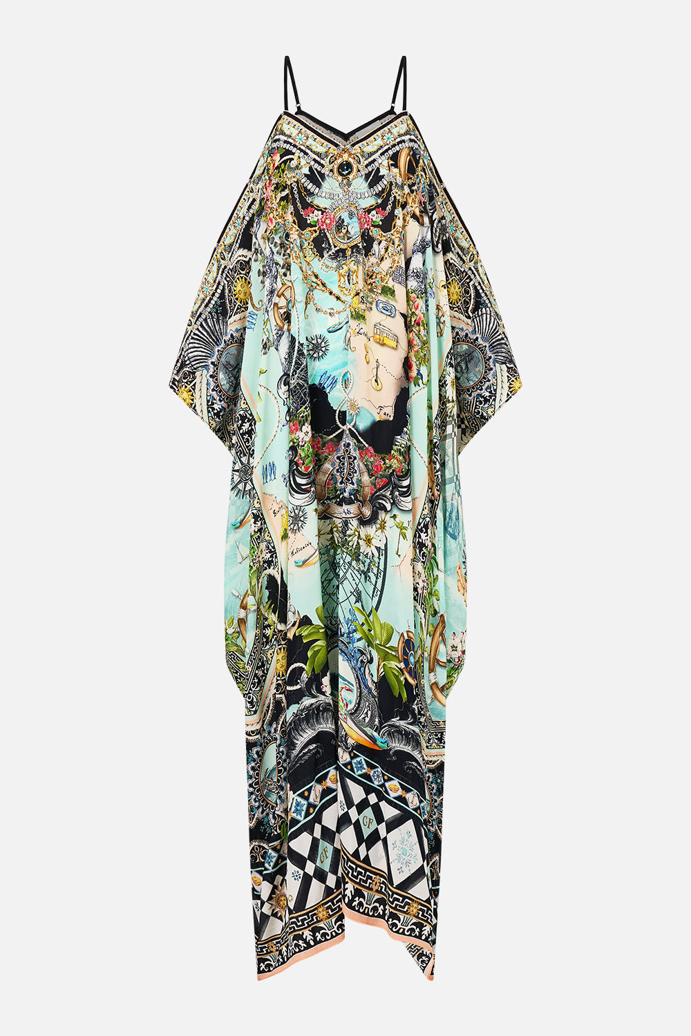The CAMILLA Drop Shoulder Strap Kaftan in our Folk Afloat print.
