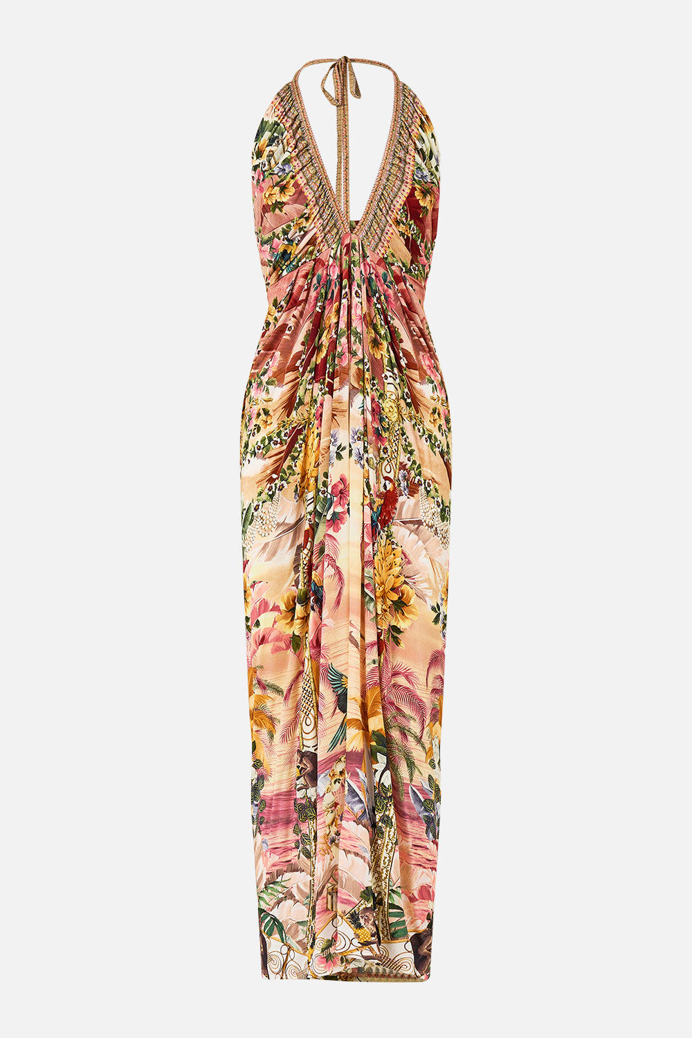CAMILLA V Neck Gathered Jersey Dress in Welcome To The White Lotus print