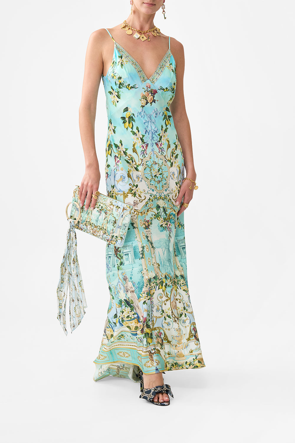 V NECK LONG BIAS SLIP DRESS WITH TRAIN VENUS ON A VESPA