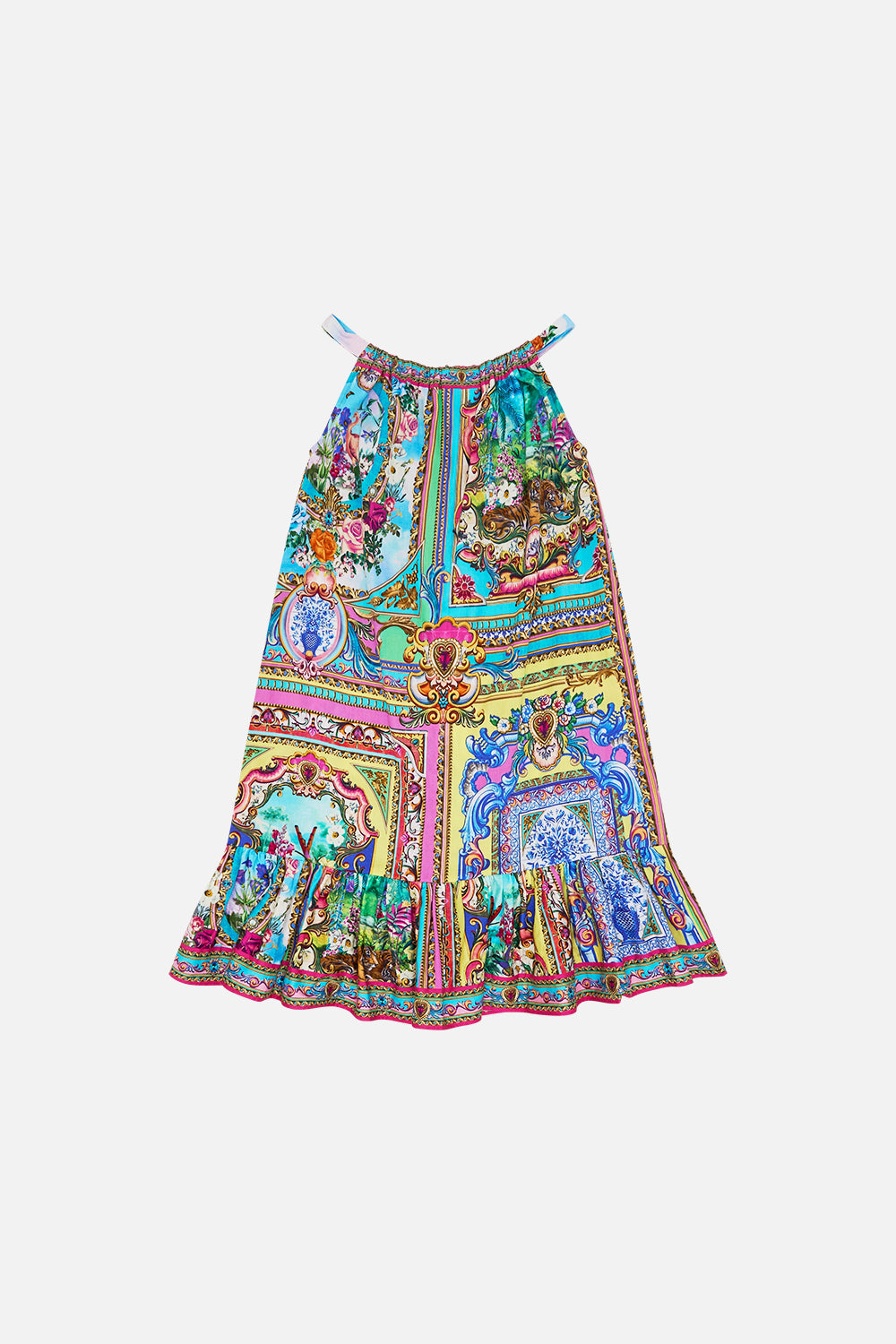 The CAMILLA Kids Drawstring Maxi Dress W Frill Hem 4-10 in our Spirit Of Santa Maria print.