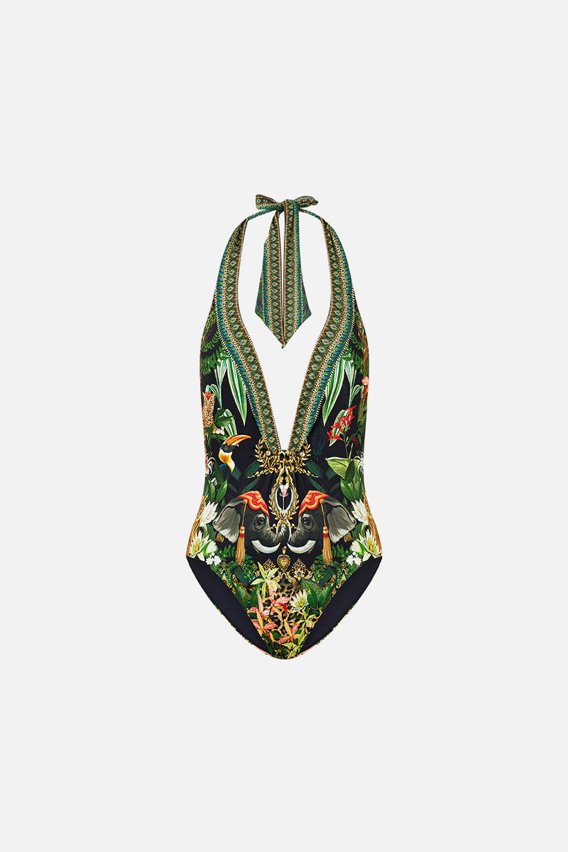 CAMILLA Women Low Back Halter One Piece with Trim - Valley of the Queens