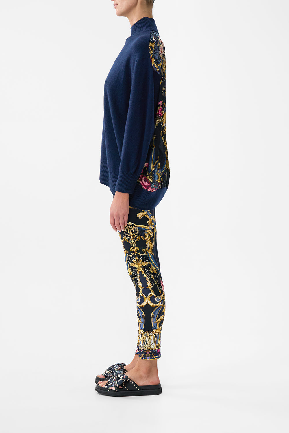 The CAMILLA Silk Back Turtle Neck Knit in our Ornate On A Plate print.