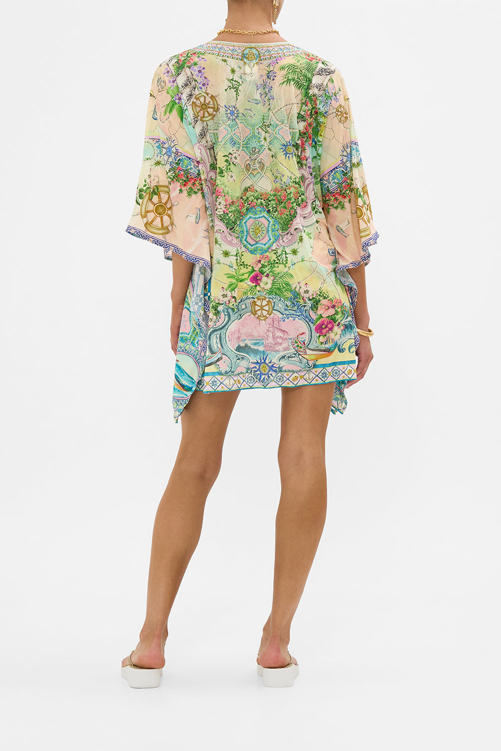 The CAMILLA Short V Neck Kaftan With Ring Front Trim in our Just Coasting print.