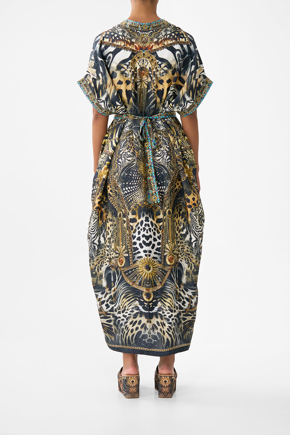 SHORT SLEEVE KAFTAN WITH TIE WAIST FELINE FOLKLORE