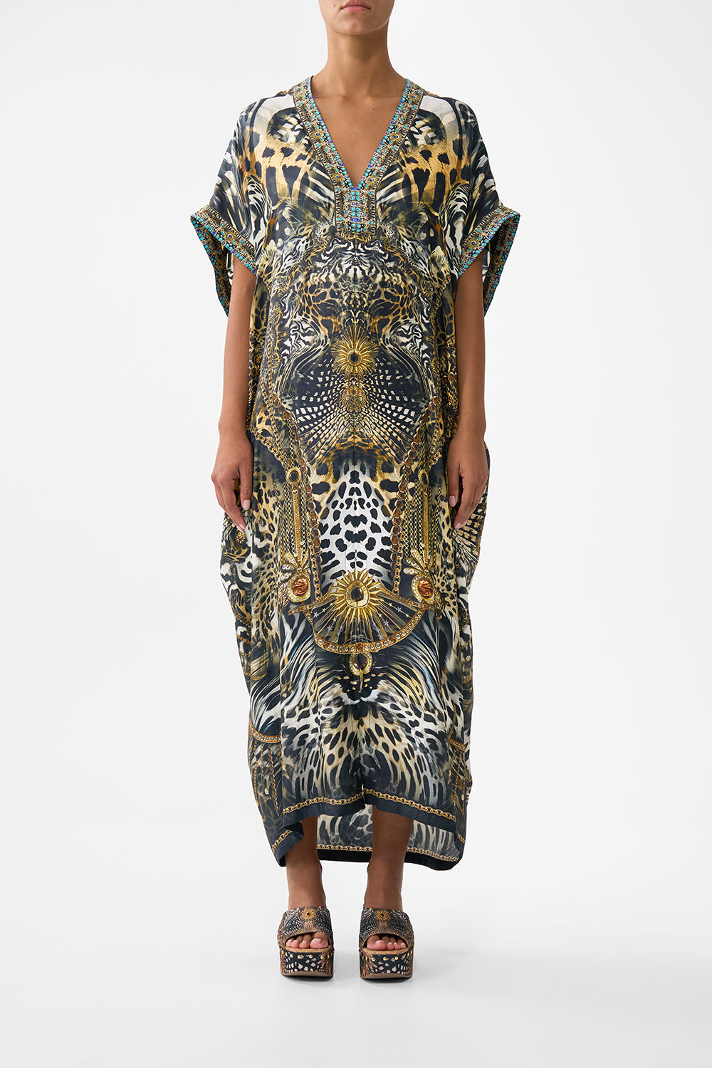 SHORT SLEEVE KAFTAN WITH TIE WAIST FELINE FOLKLORE