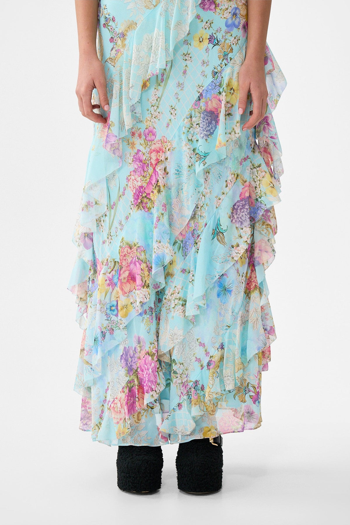 ASYMMETRICAL RUFFLE SLIP DRESS BAZAAR BLOOMS