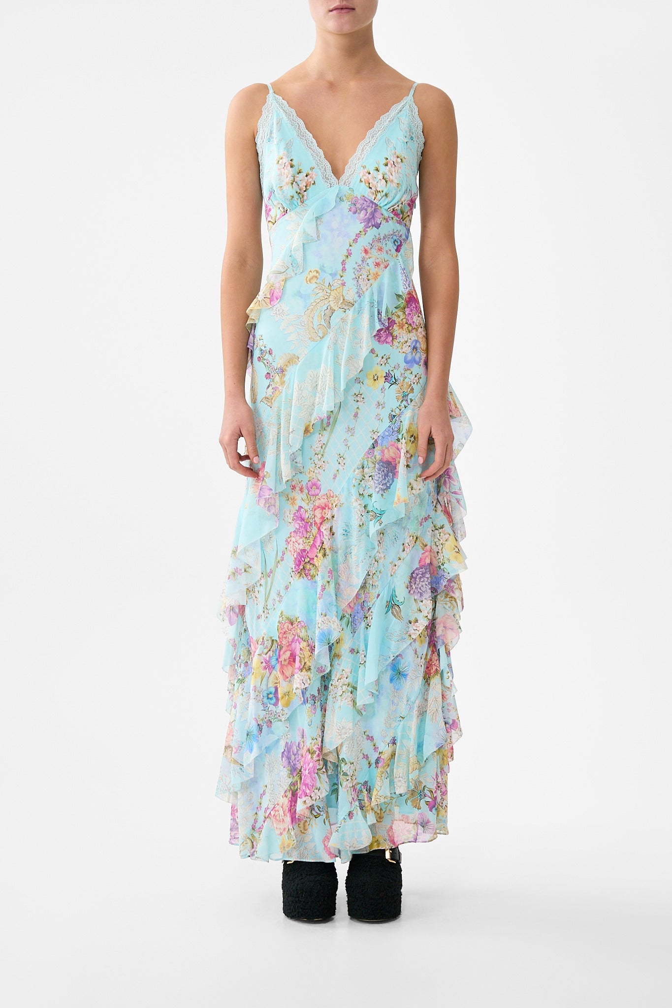 Bazaar Blooms Asymmetrical Ruffle Slip Dress