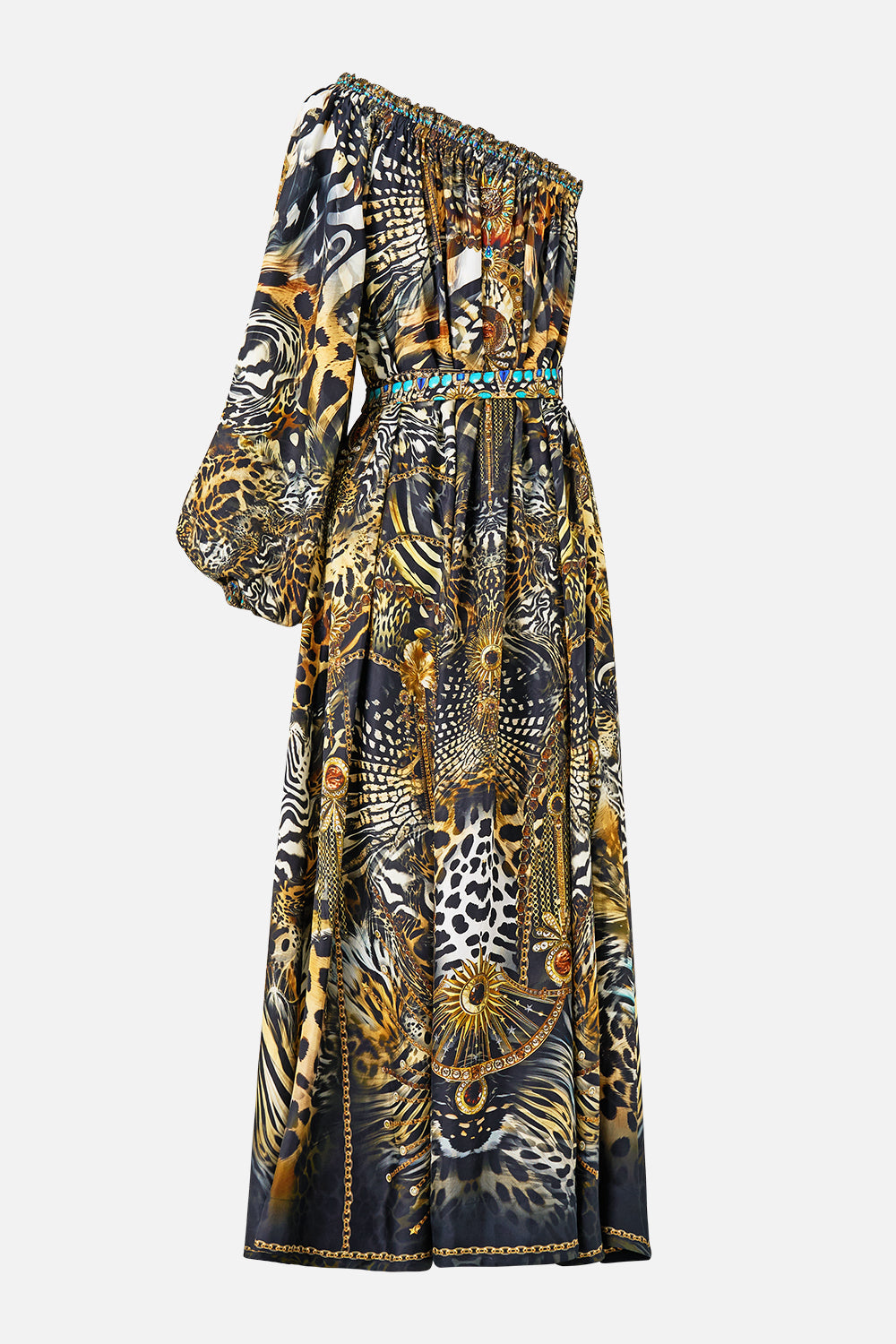 ONE SHOULDER DRESS WITH BLOUSON SLEEVE FELINE FOLKLORE